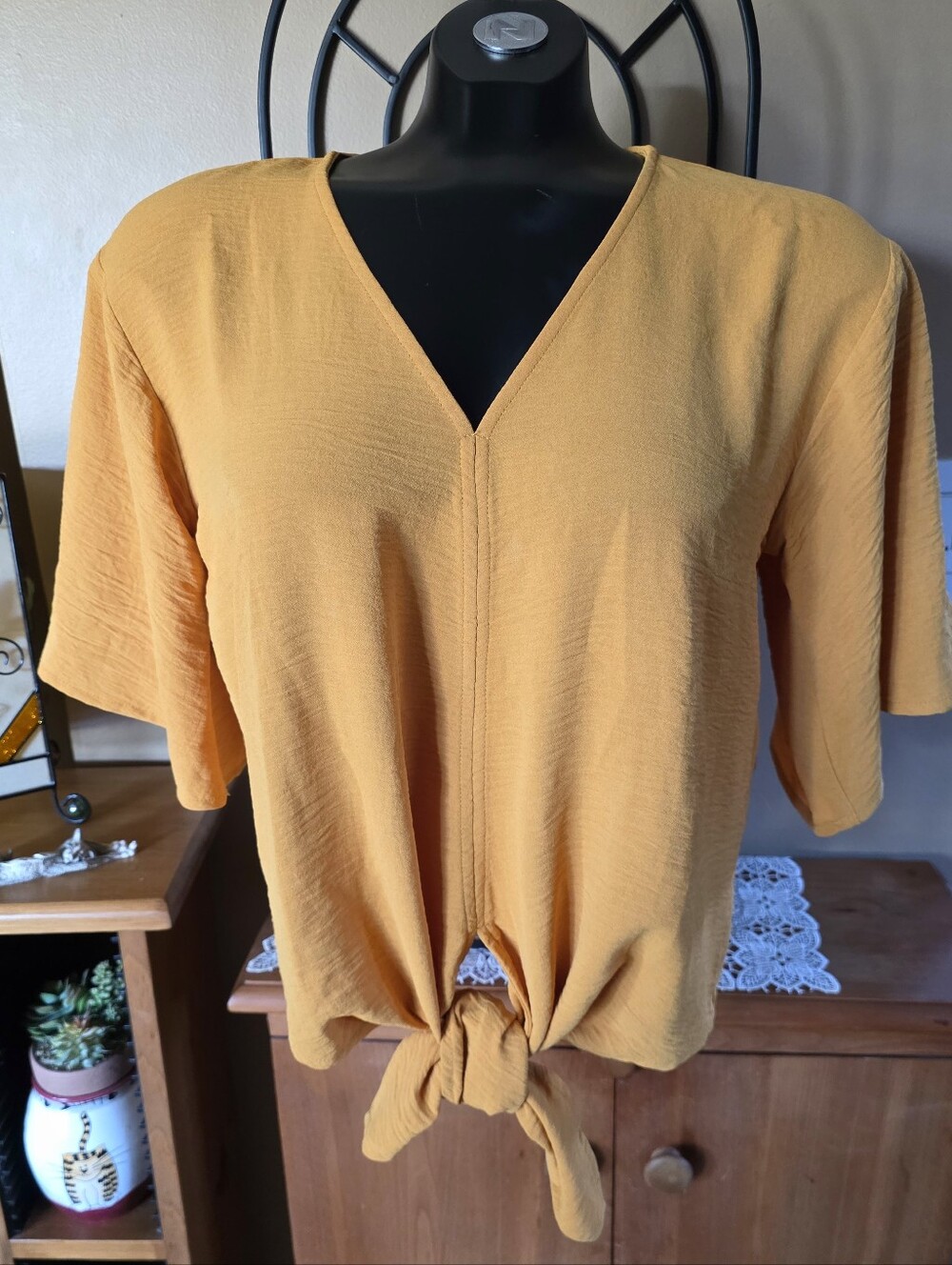 Women’s Tie-Front V-Neck Textured Blouse in Mustard Size S